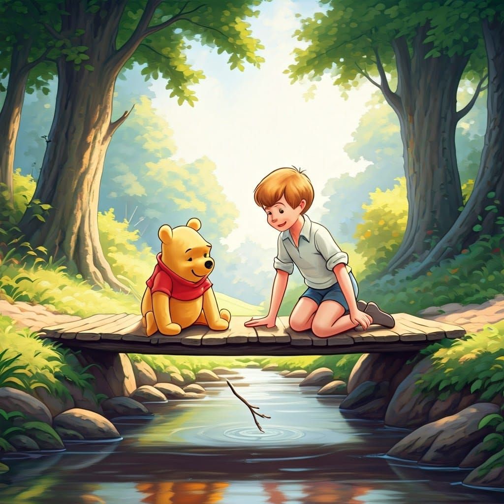 Winnie the Pooh and Christopher Robin's Gentle Bridge Moment