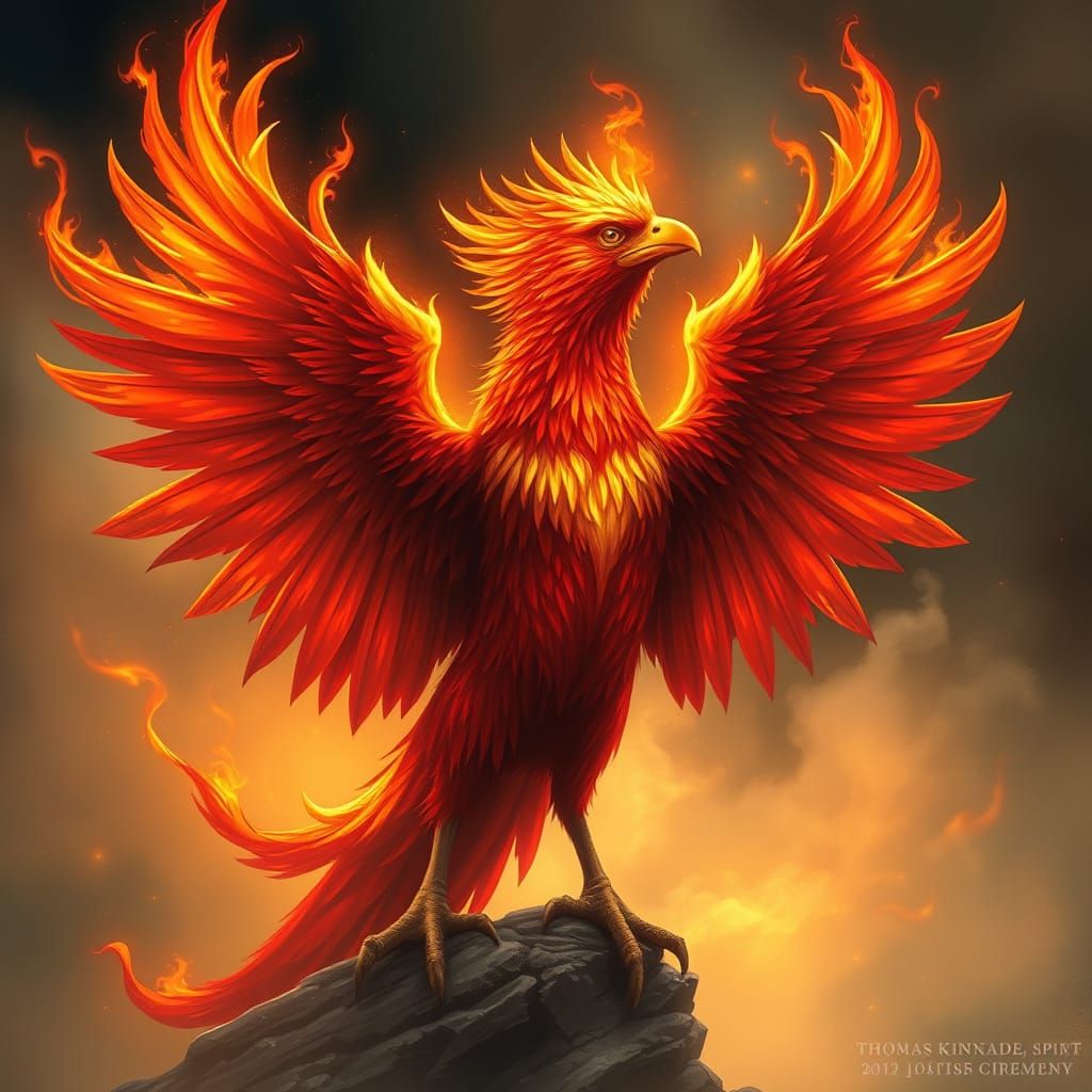 Majestic Scarlet Bird Unfurls Regal Wings in Fiery, Surreali...