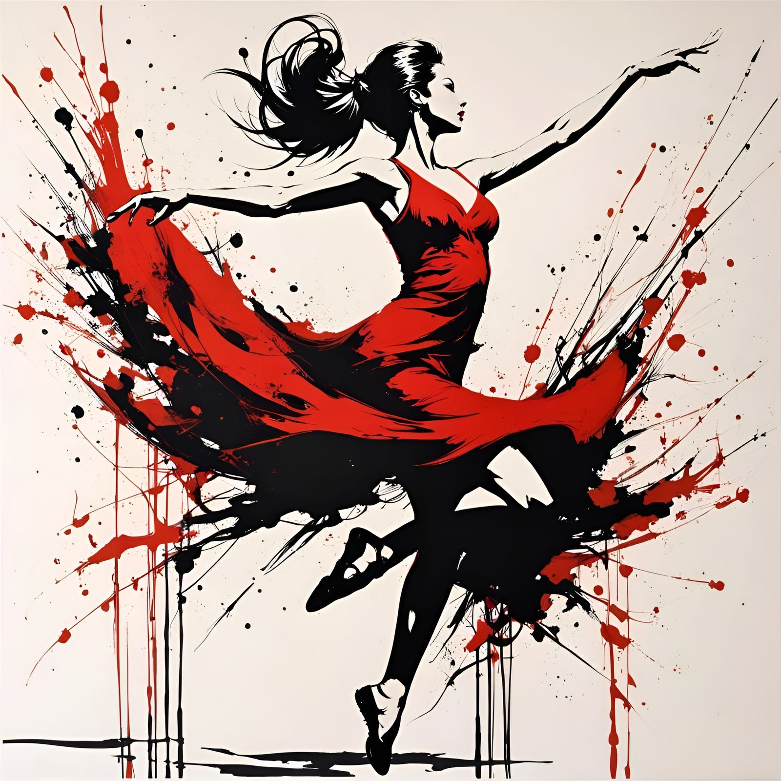 Dramatic Ink Splatter Painting of Leaping Dancer