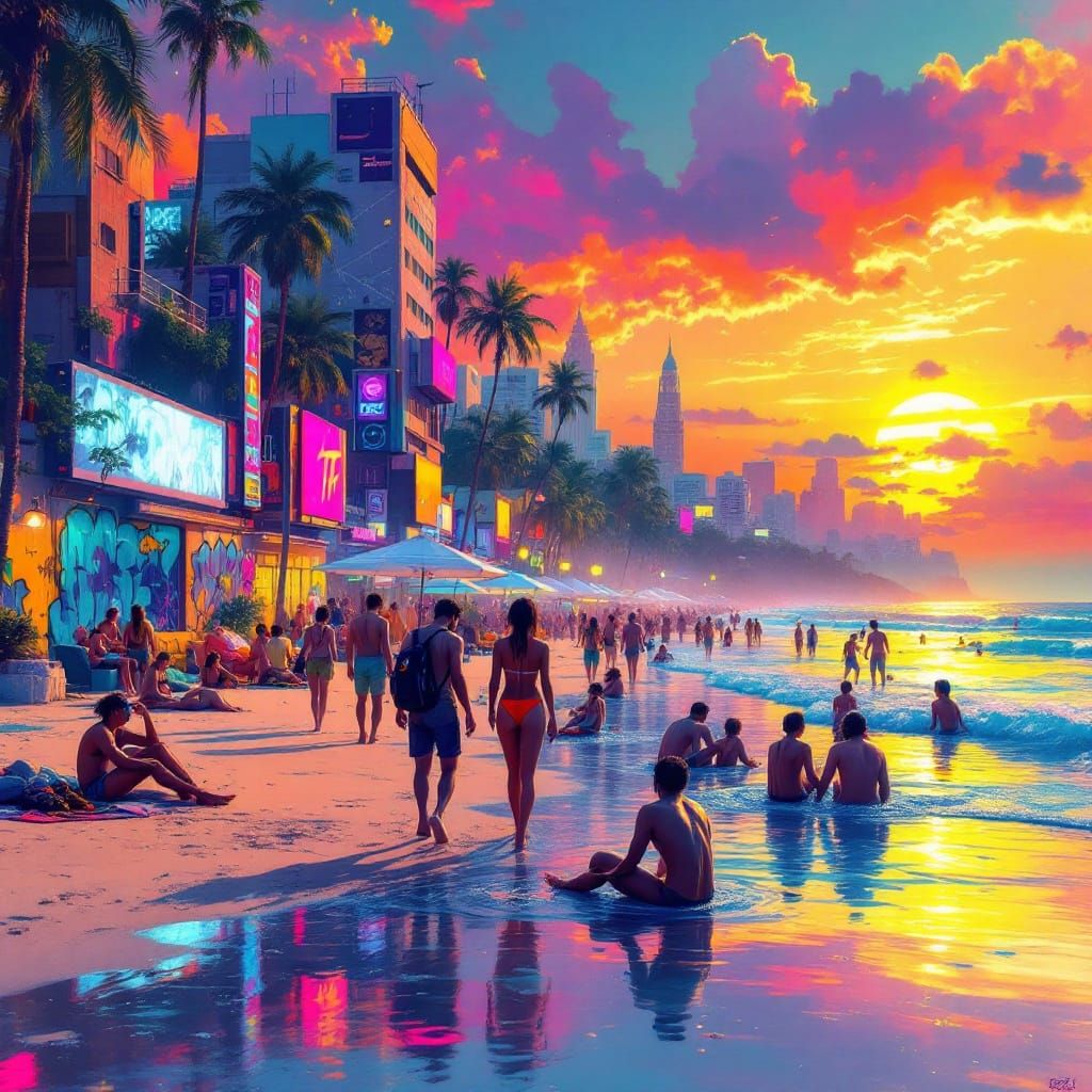 Polychromatic Summer Beach Scene with Graffiti Art
