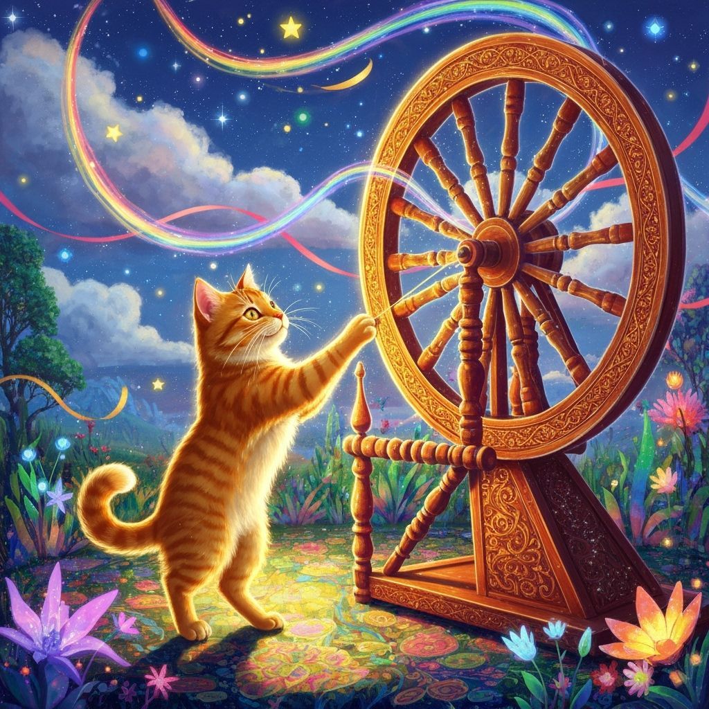 Orange Tabby Cat Touches Spinning Wheel in Dreamlike Landsca...