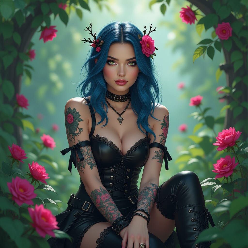 Gothic Woman in Enchanted Garden, Electric Blue Hair