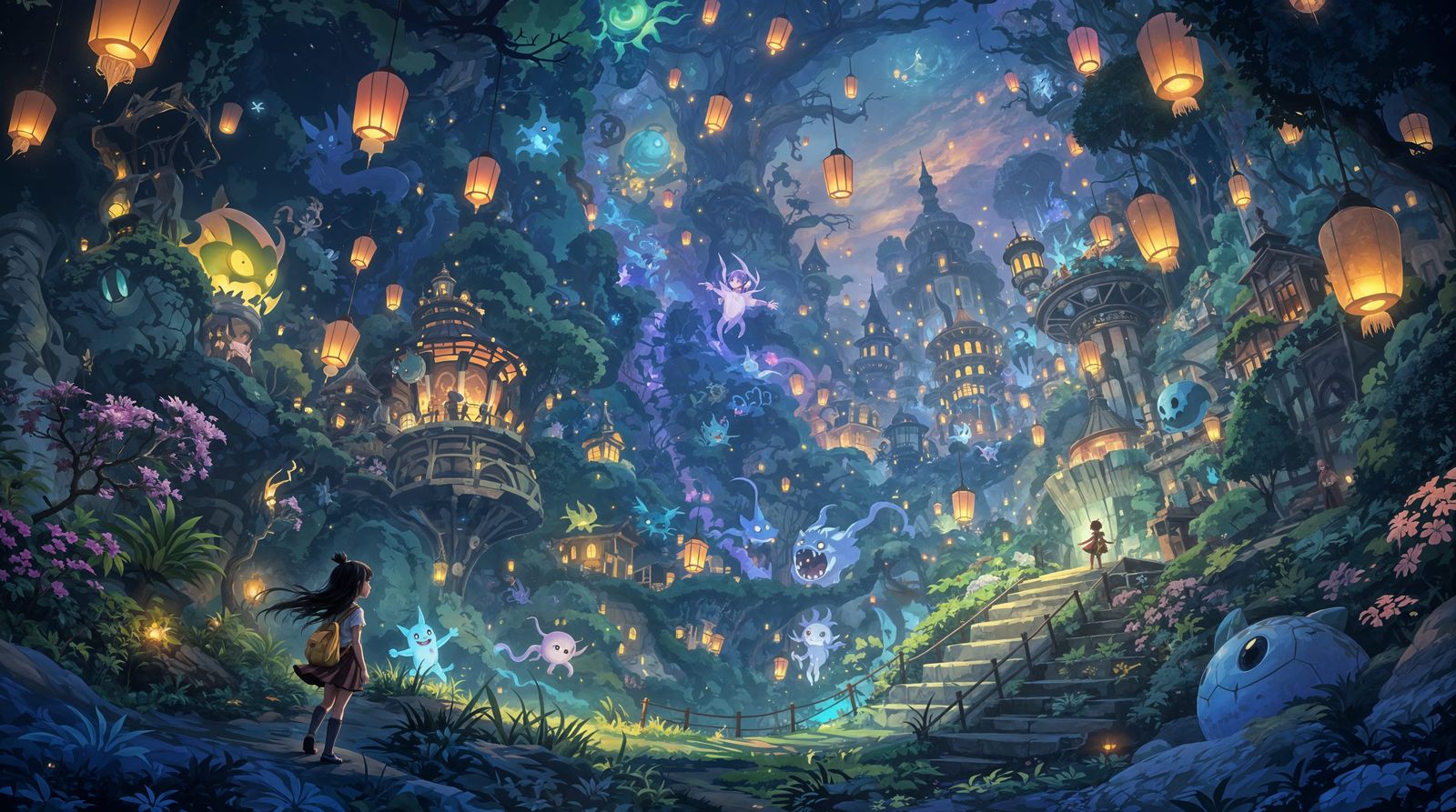 Whimsical Spirit World Adventure in Vibrant Anime Style