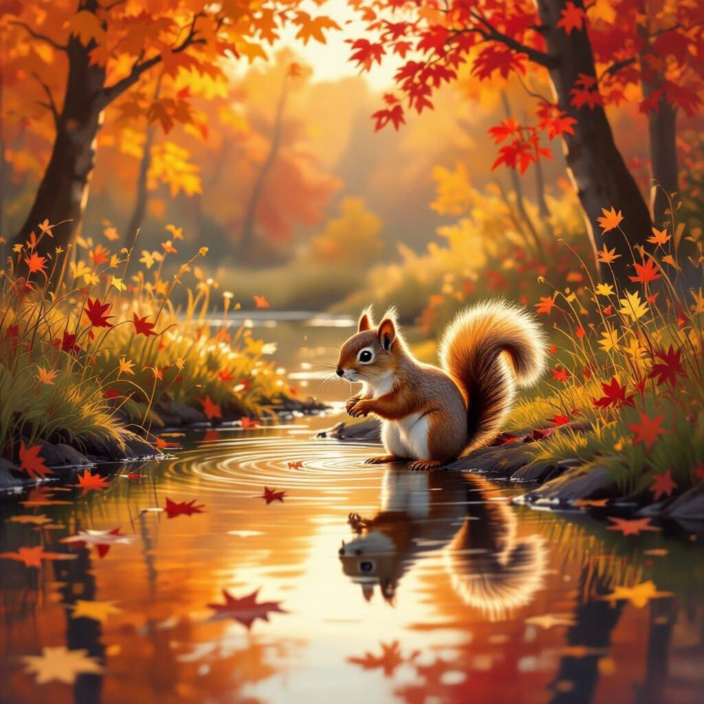 Cute Squirrel Plays with Reflection in Autumn Pond