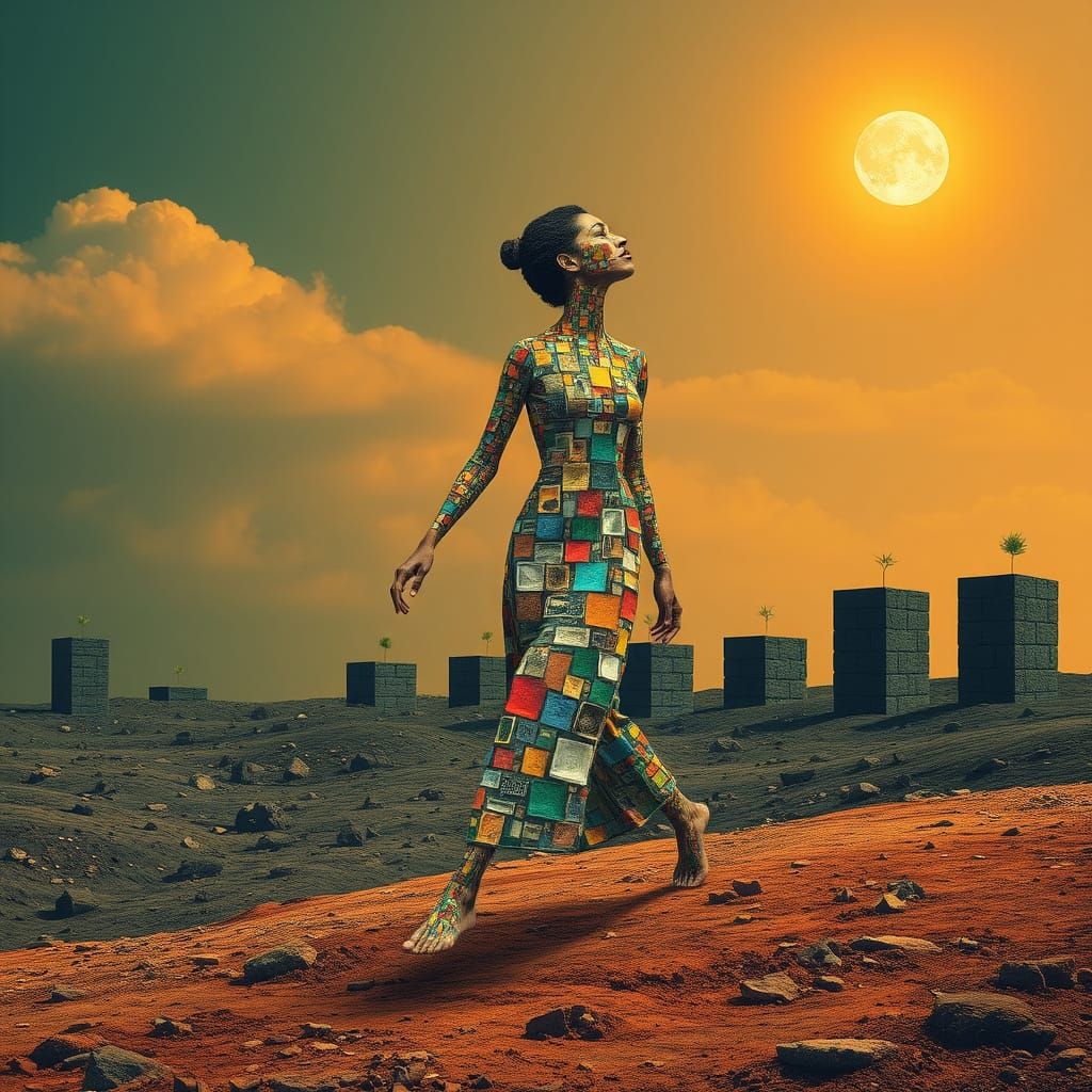 Surreal Woman Composed of Squares Embarks on Earthy Terrain