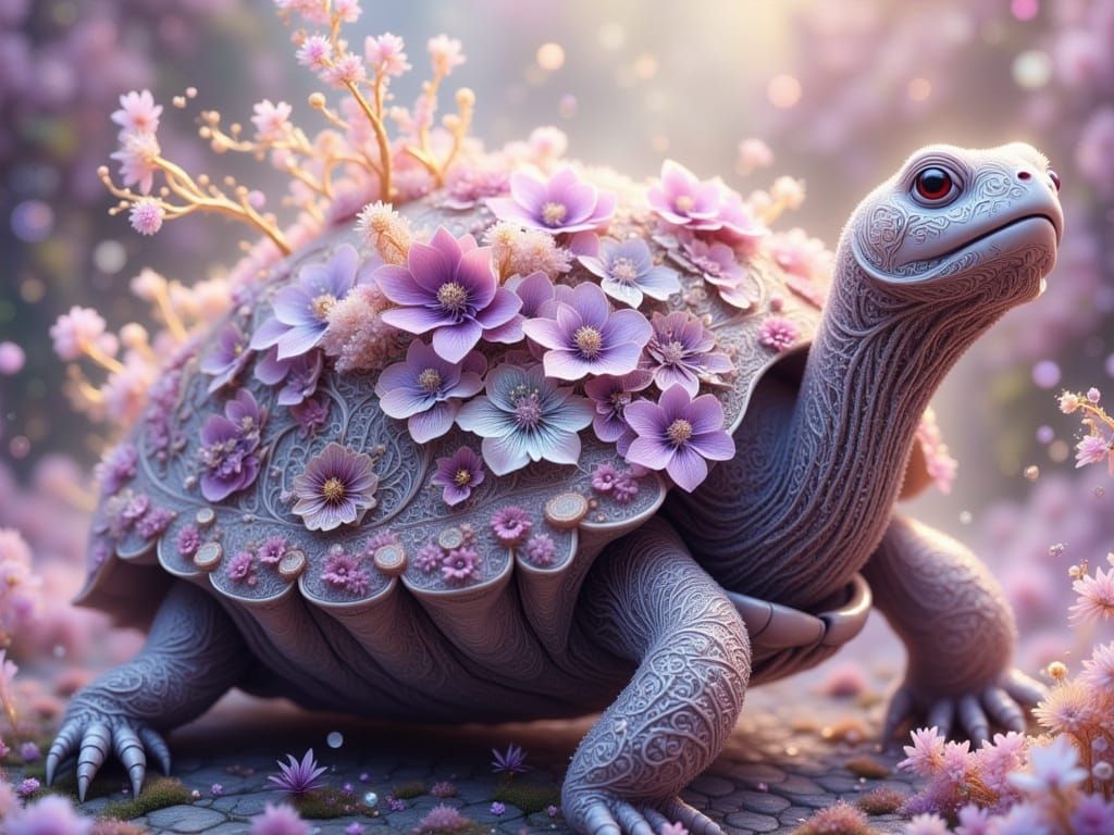 Gemstone Turtle with Fractal Flowers