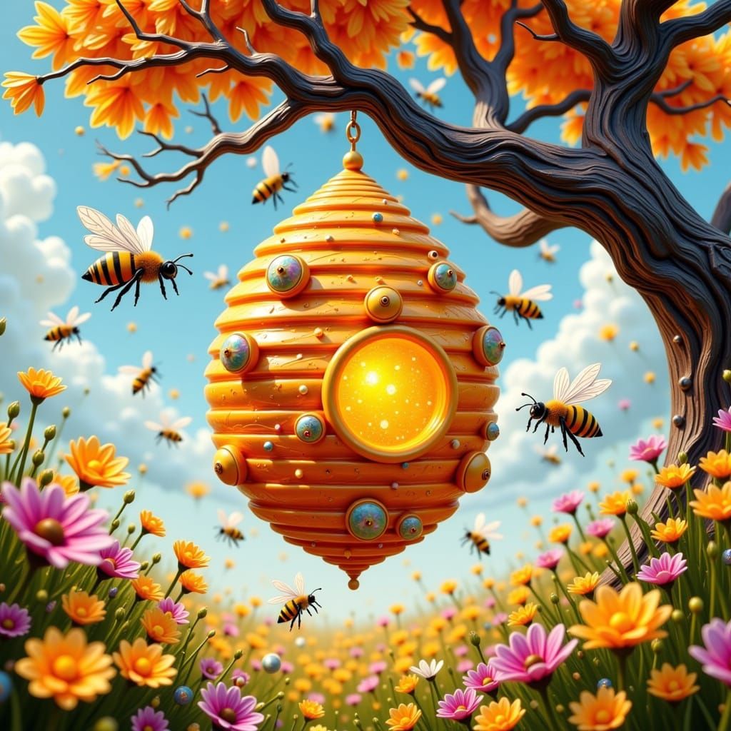 Impasto Whimsy: A Crystalized Honey Beehive in Vibrant Color