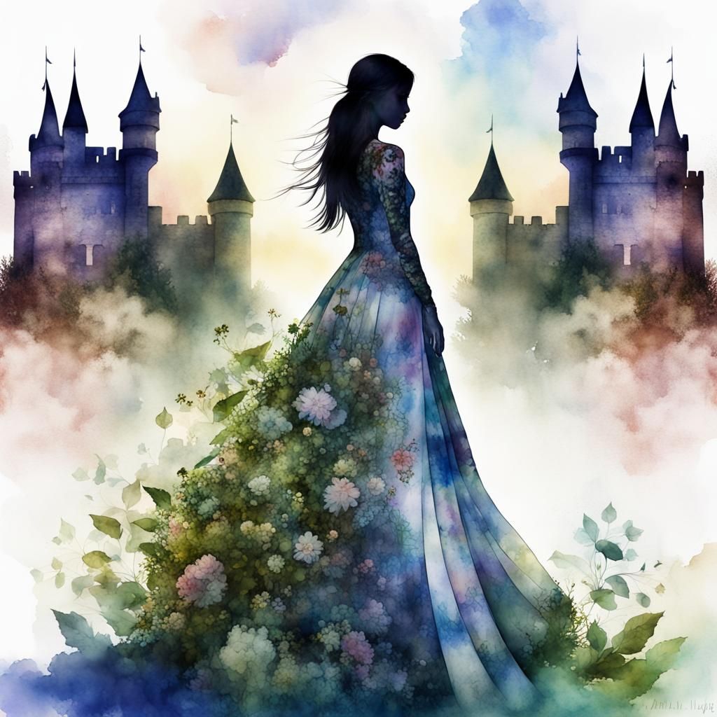 Fantasy Maiden with Flower Dress and Castle Background