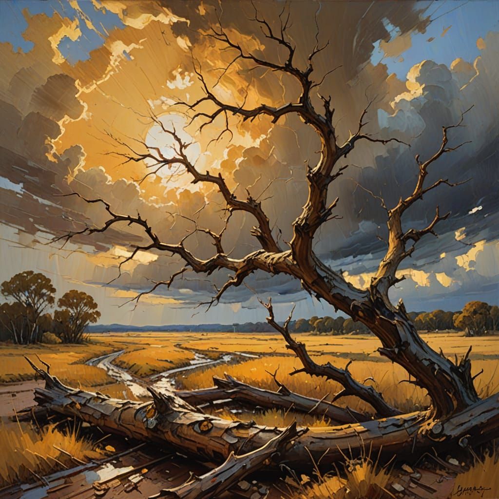 Broken Branch Swirling in Wind as Impressionist Oil Painting
