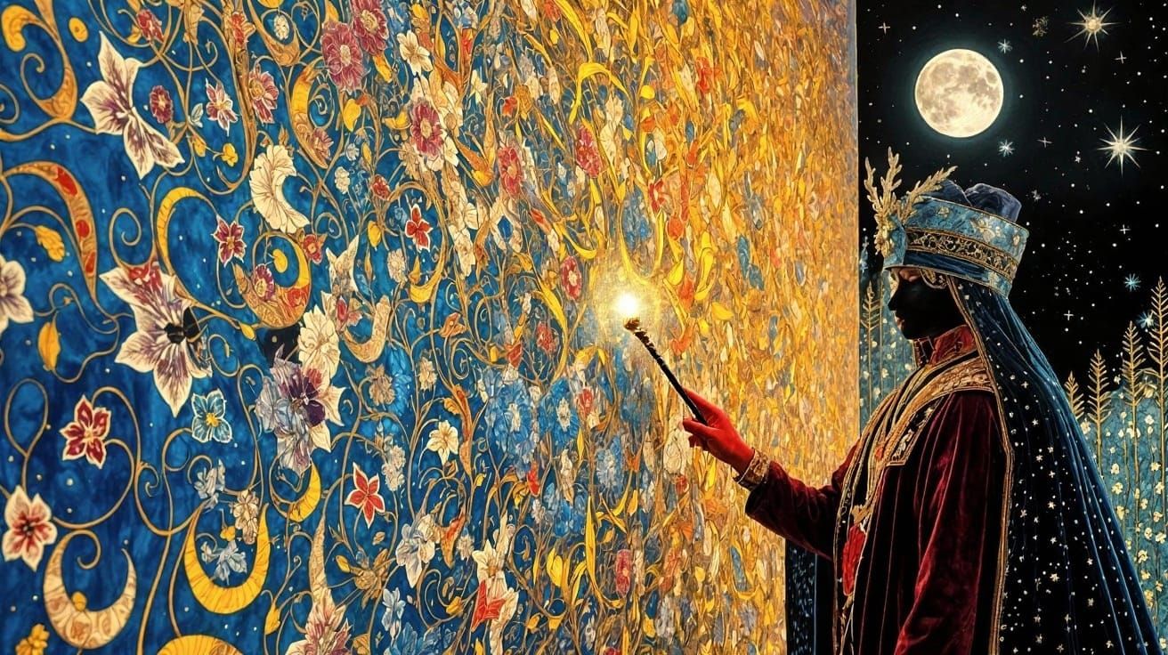 Enchanted Muralist Painting Rippling Silk Tapestry