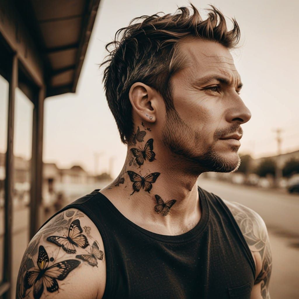 Man with Faded Butterfly Tattoo in Sepia