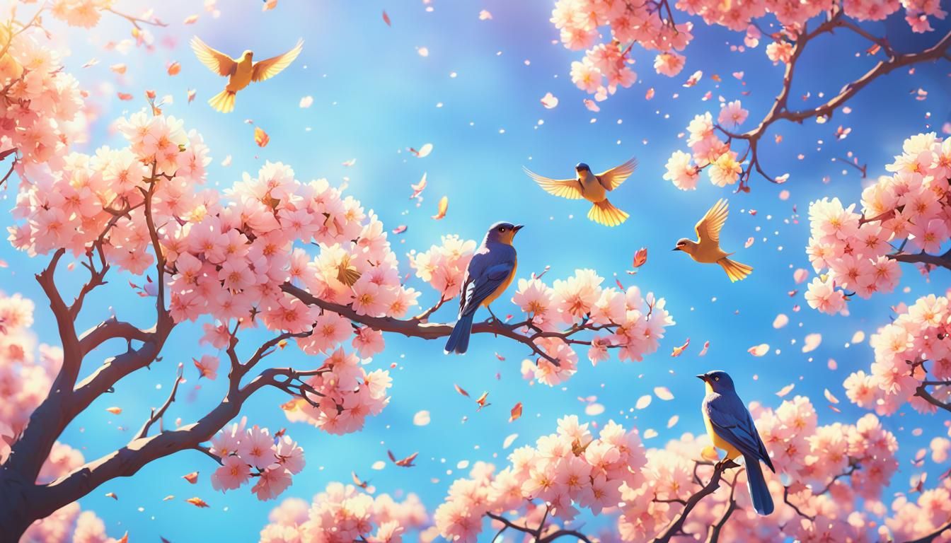 Birds in Blooming Tree: Vibrant 3D Anime Art
