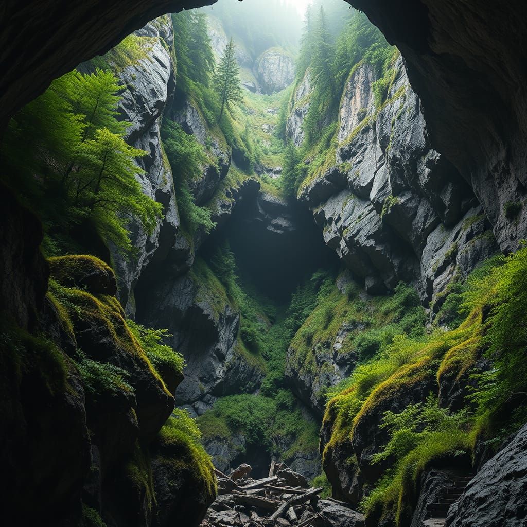 Ethereal Alpine Cliff Cave Entrance in Mystical Ambiance