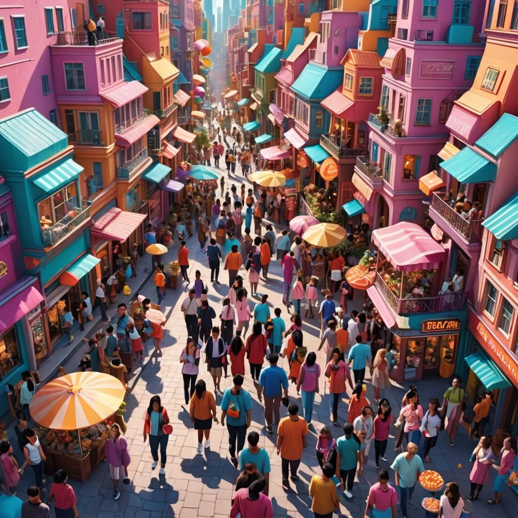 Utopian Cityscape: Hyperrealistic Candy-Colored Architecture