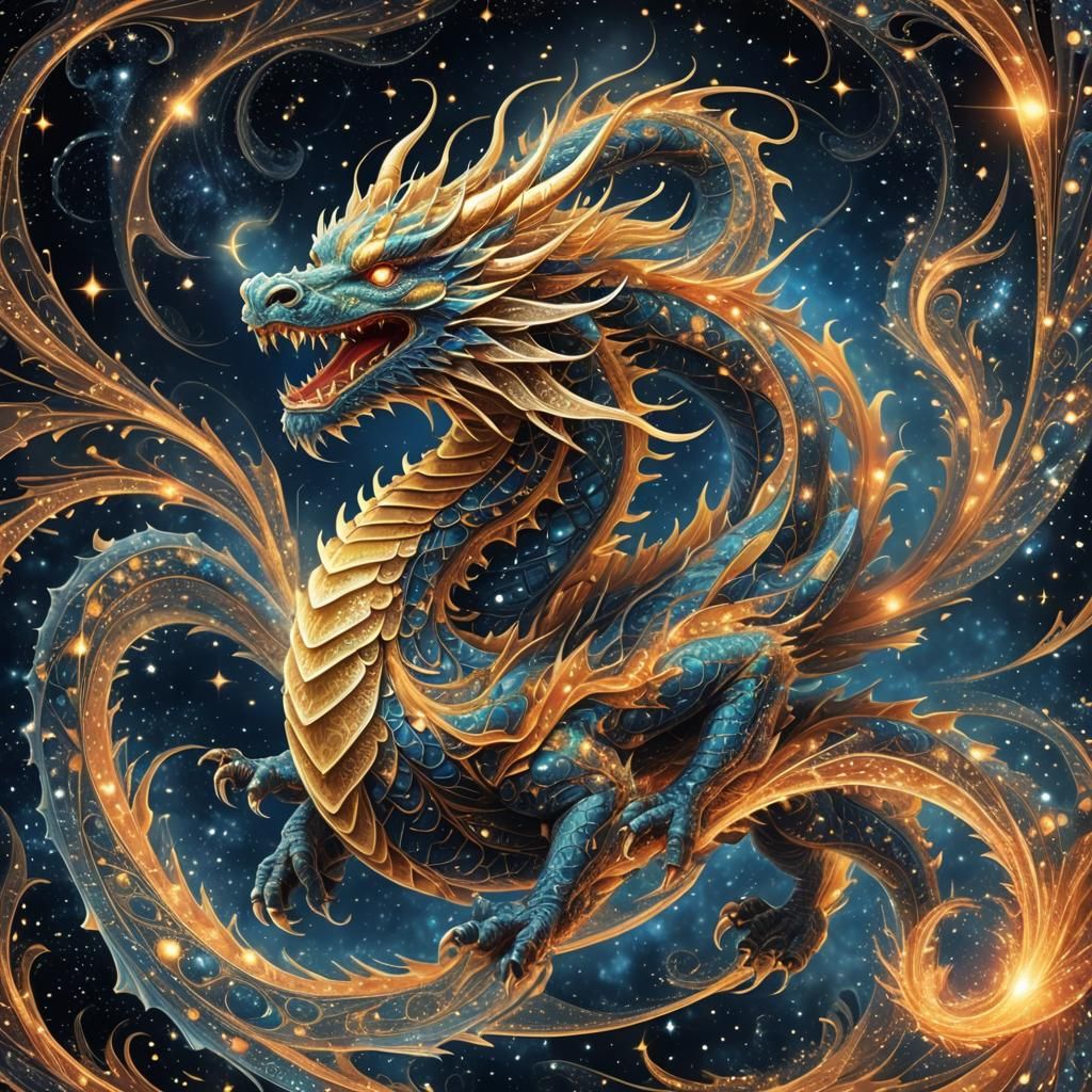 Cosmic Dragon Soaring Through Space in Fractal Art
