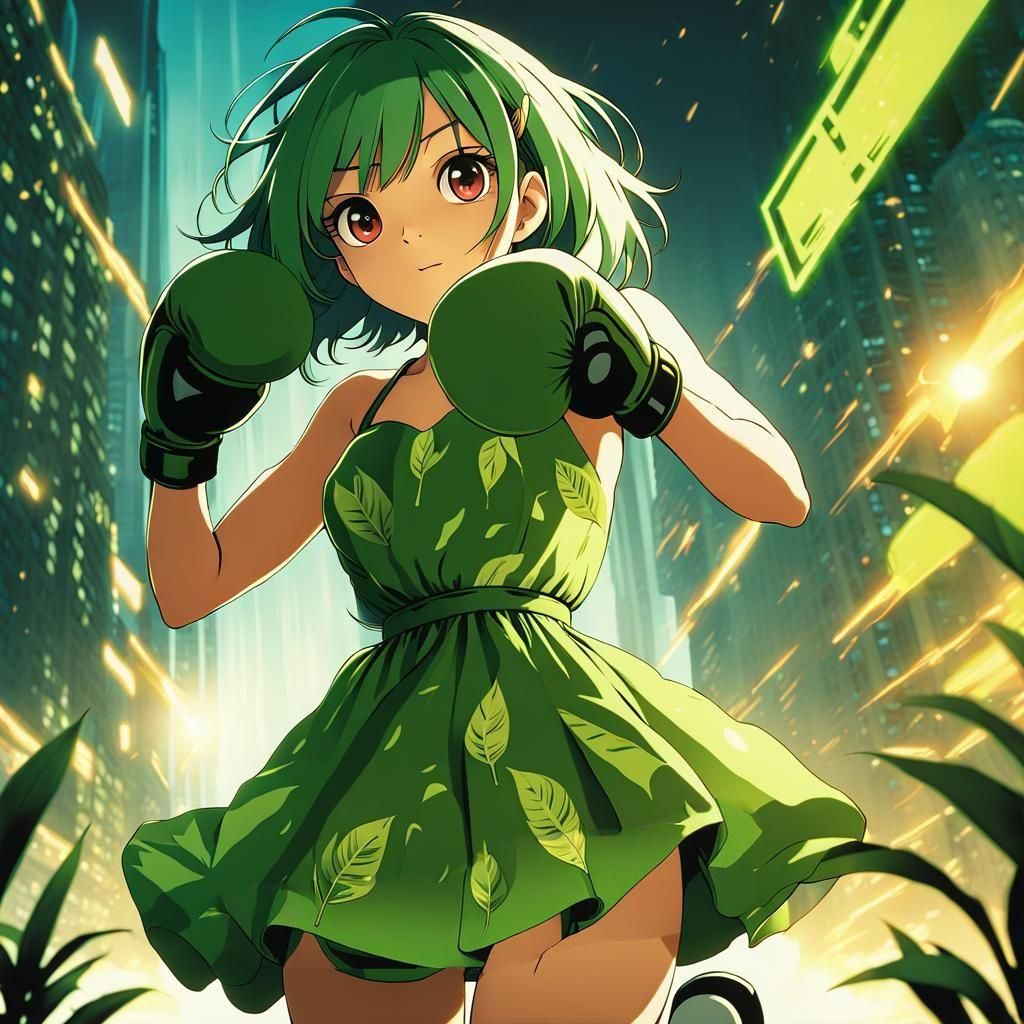 Anime Woman in Leaf Dress with Boxing Gloves