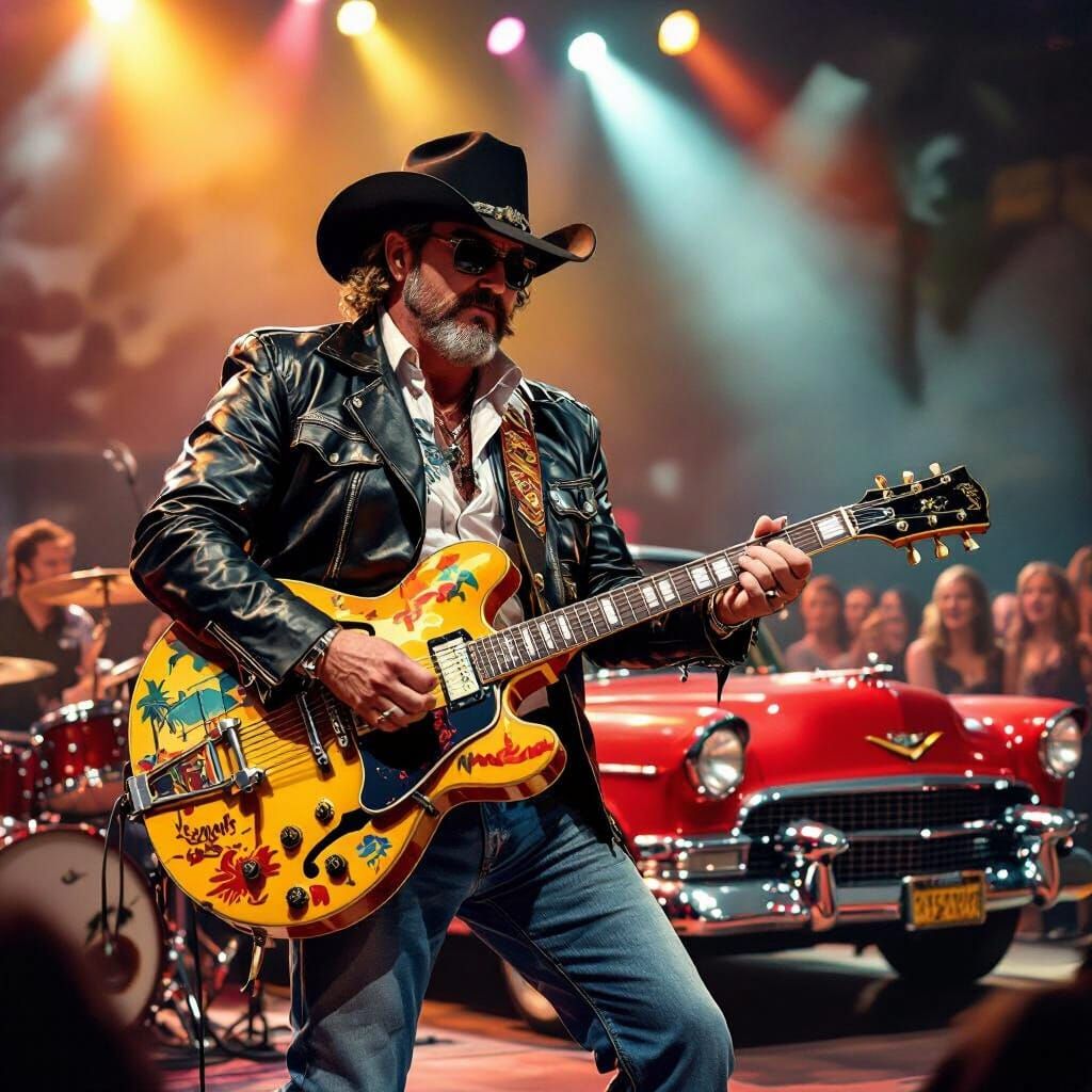 Musician Performs with Sun-Kissed Guitar in Rockabilly Style