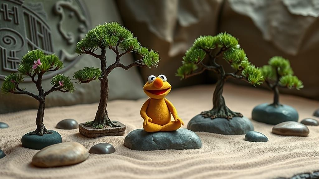 A serene zen garden inhabited by muppets meditating peacefully beneath miniature bonsai trees. The garden is meticulousl...