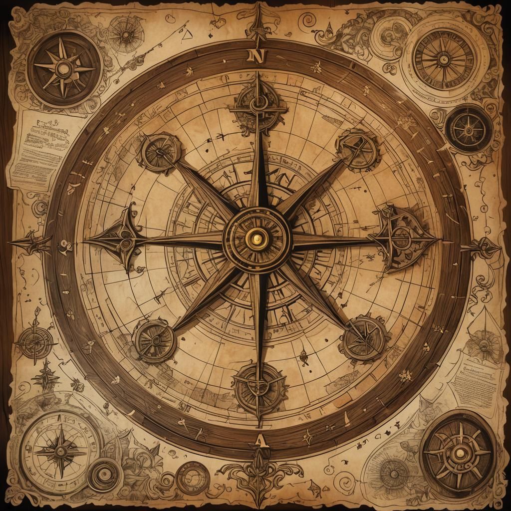 Worn Treasure Map with Compass Rose, Mise en Abyme