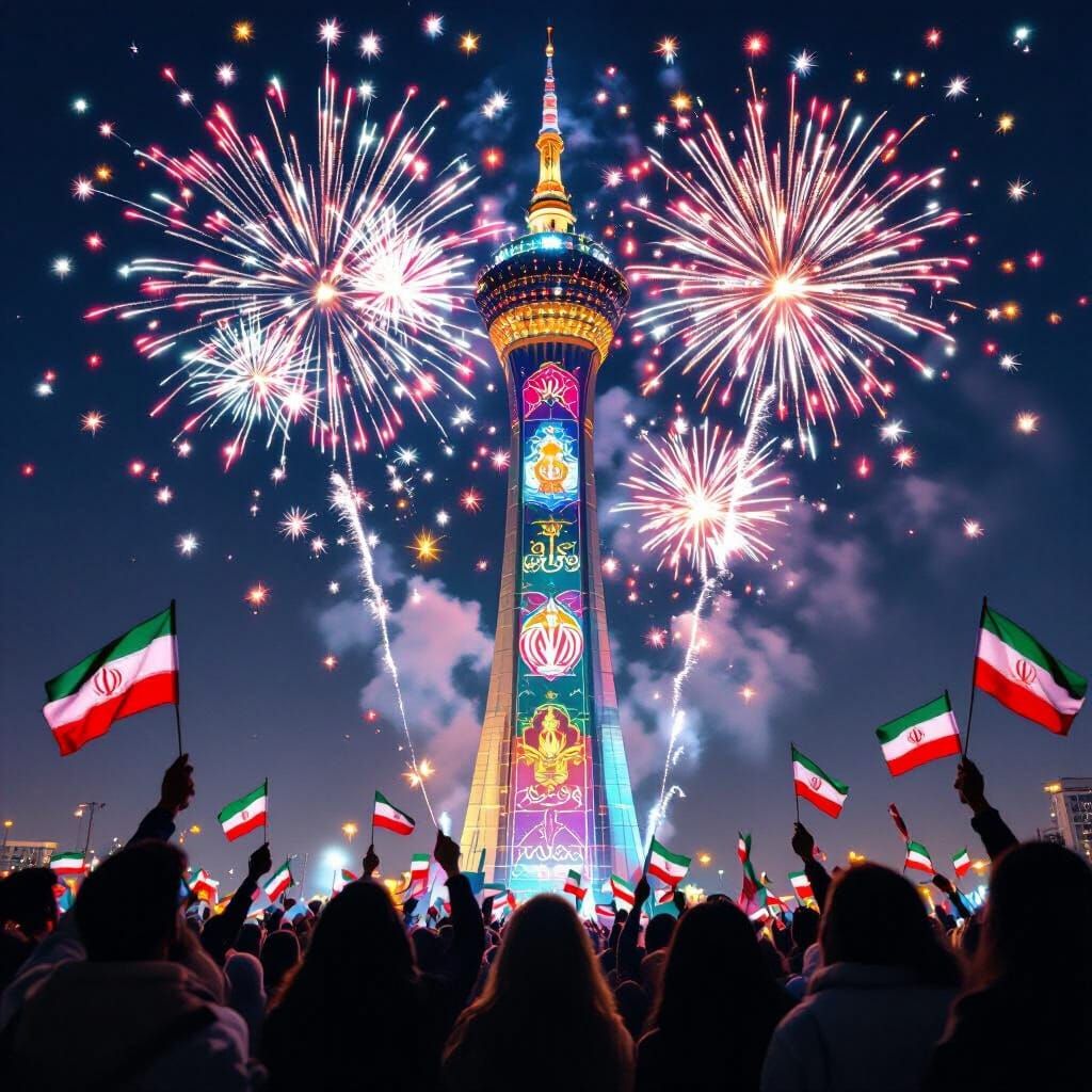 Iranian Unity Celebration Above Milad Tower with Fireworks