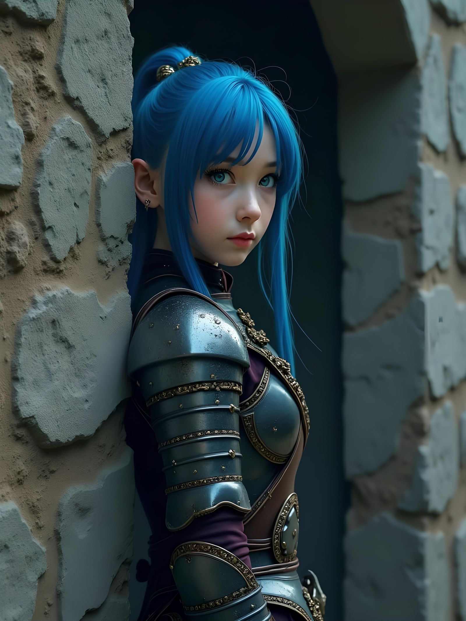 Blue-Haired Warrior Girl in Dark Fantasy Art