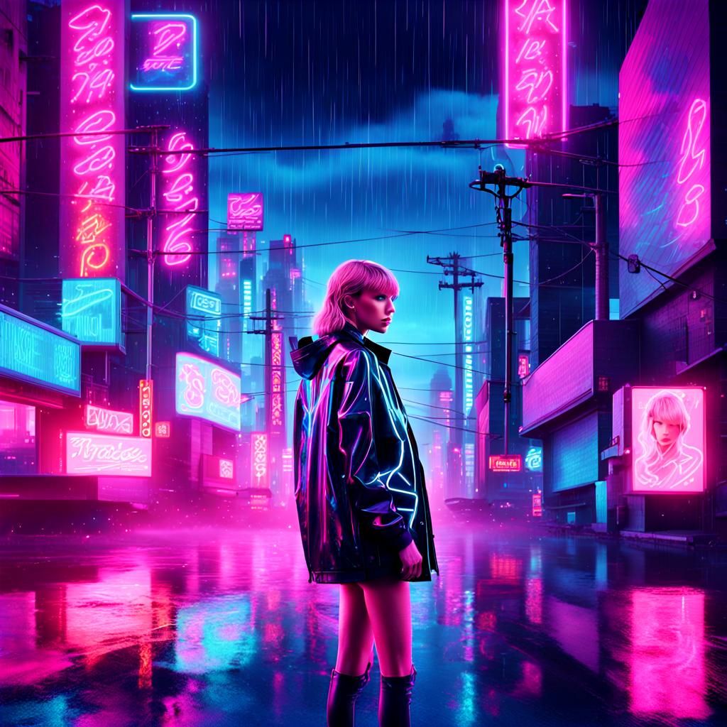 Taylor Swift in Synthwave Neon Retro Cityscape
