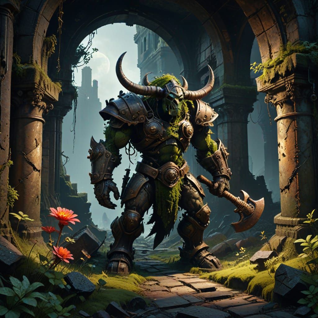 Steampunk Minotaur Guards Ruined City Gate