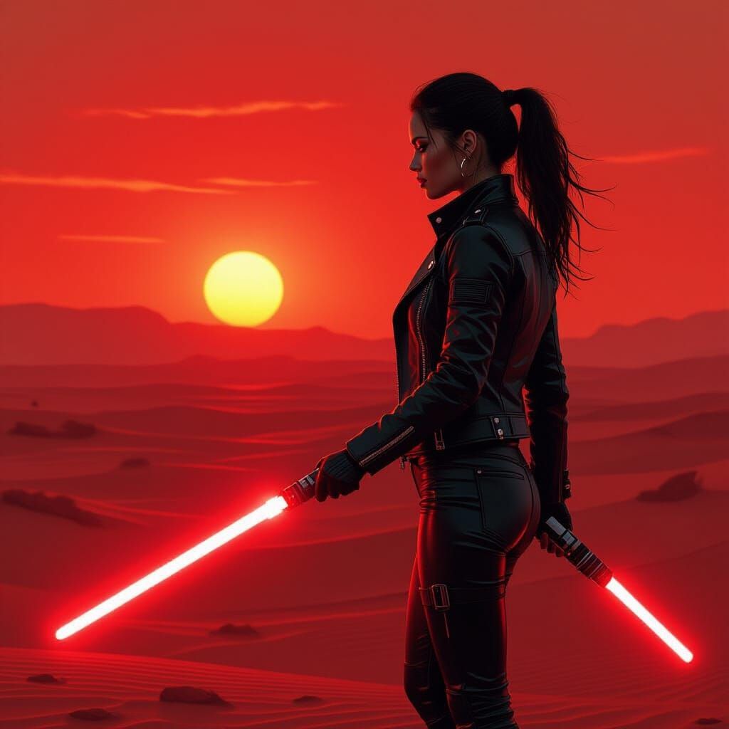 Woman-Sith with Lightsaber on Mars in Cyberpunk Style