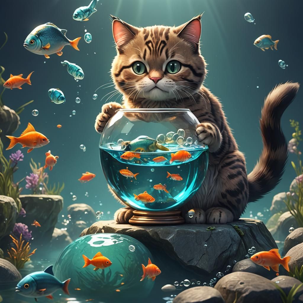 Cartoon Cat with Fish Bowl, Detailed Digital Art