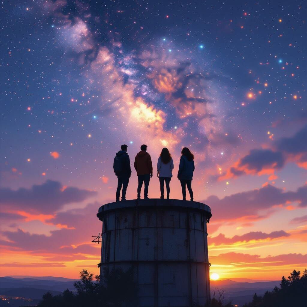Silhouetted Figures on Water Tower at Sunset with Starry Sky