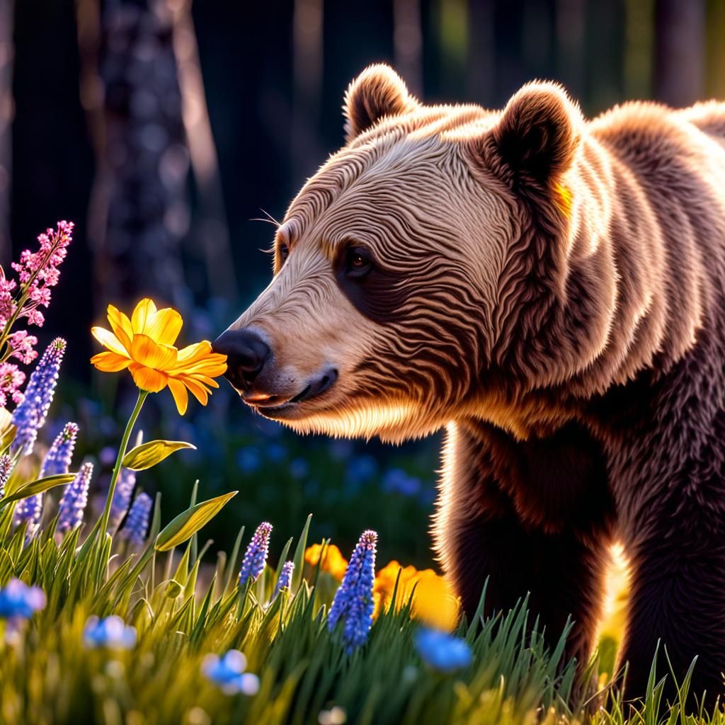 Grizzly Cub Smelling Flowers in Photorealistic Style