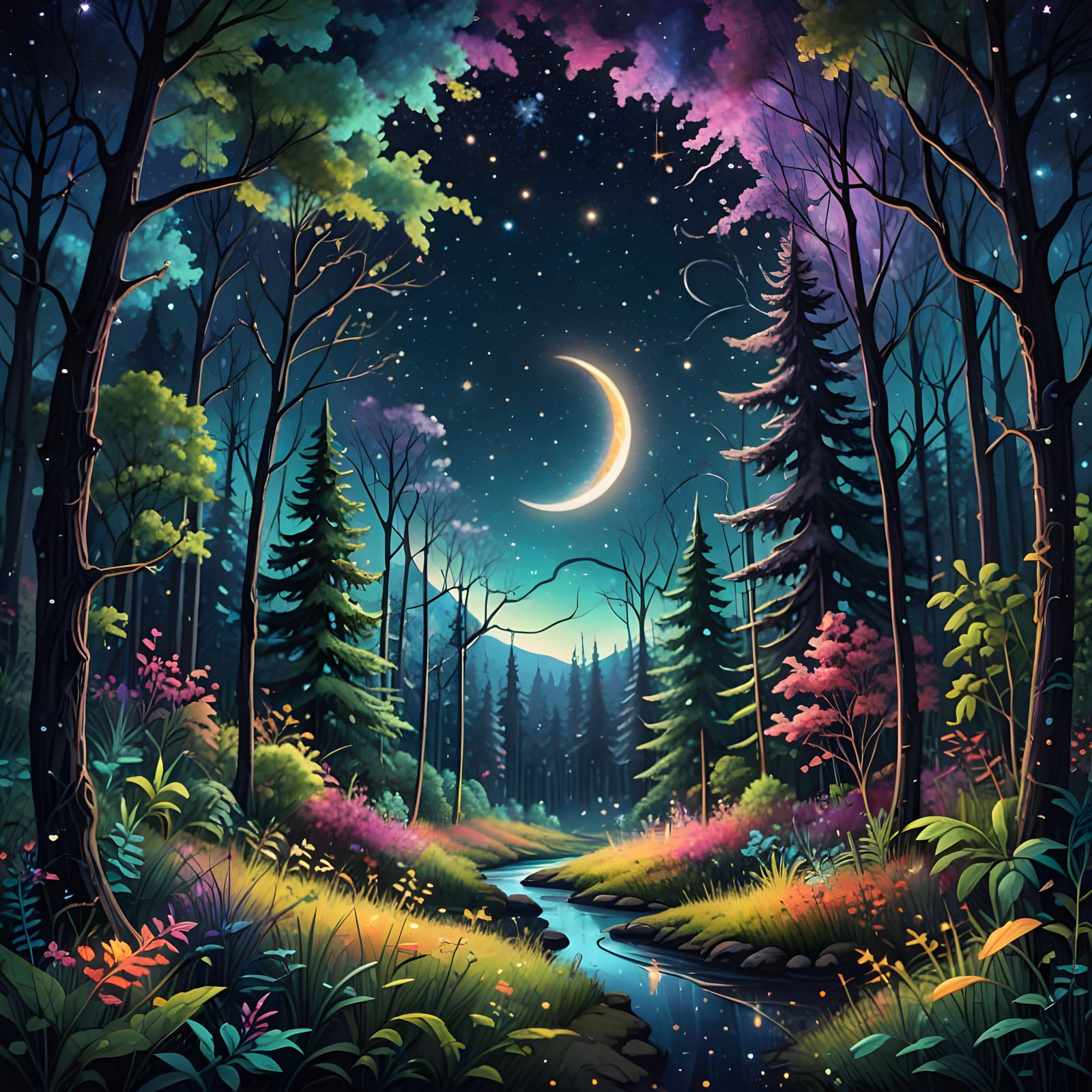 Enchanting Night: Holographic Astral Illustration