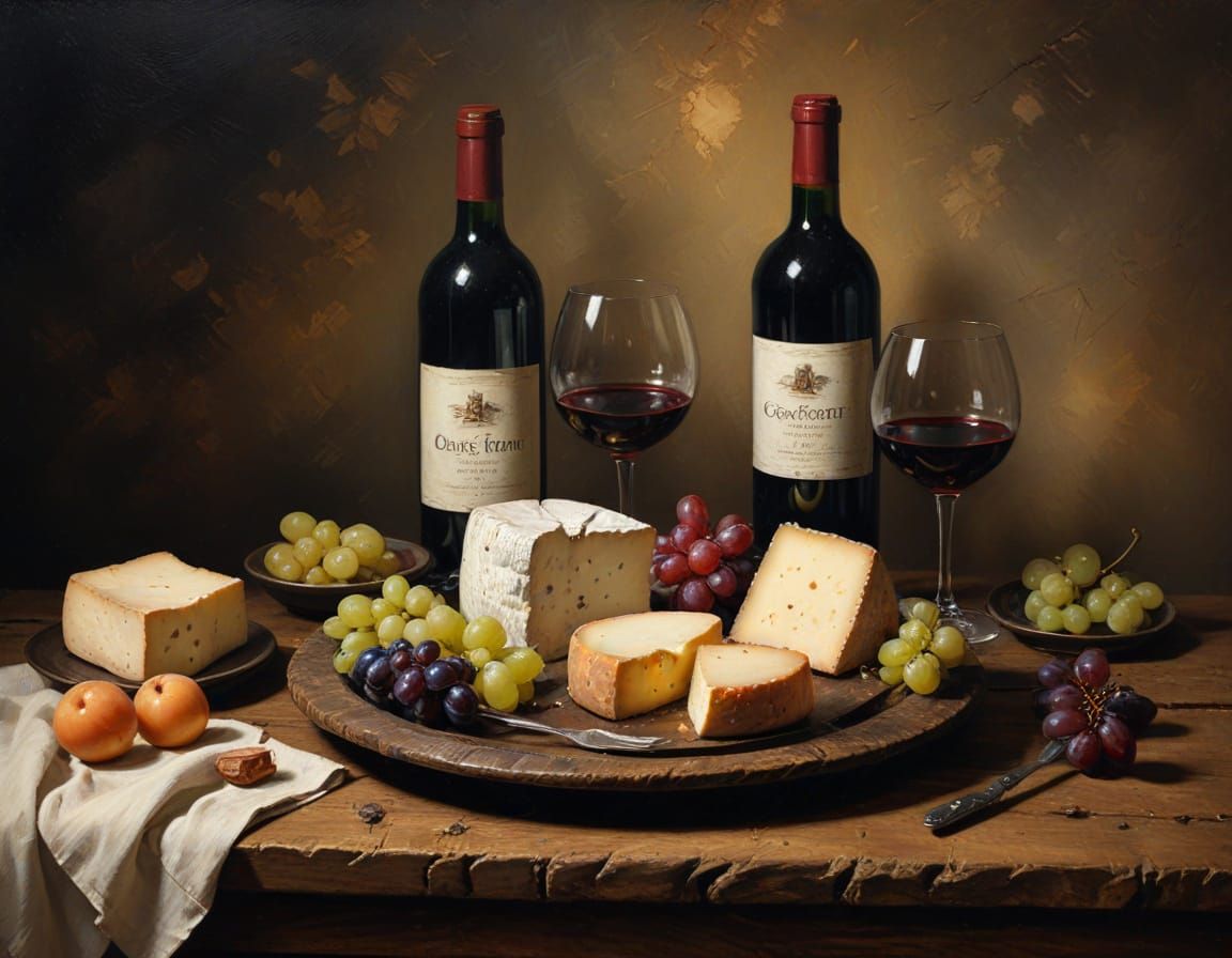 Oil Painting of Cheese and Wine Still Life