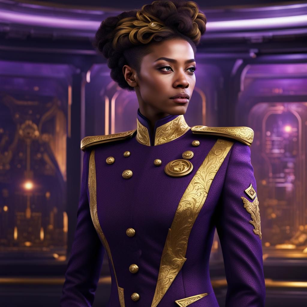 Futuristic Space Officer in Purple and Gold Uniform