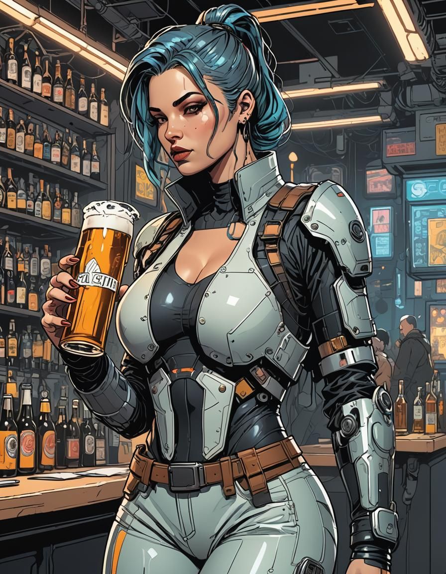 Cyberpunk Woman with Beer in Comic Book Style