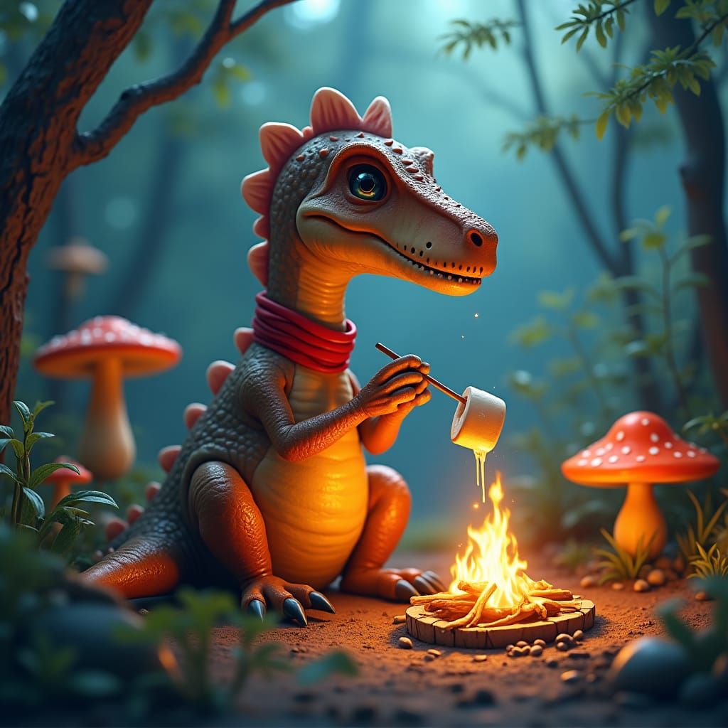 Dinosaur Enjoys S'more in Magical Campsite