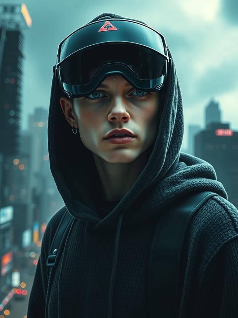 Cyberpunk Visor Portrait in Dark Cityscape