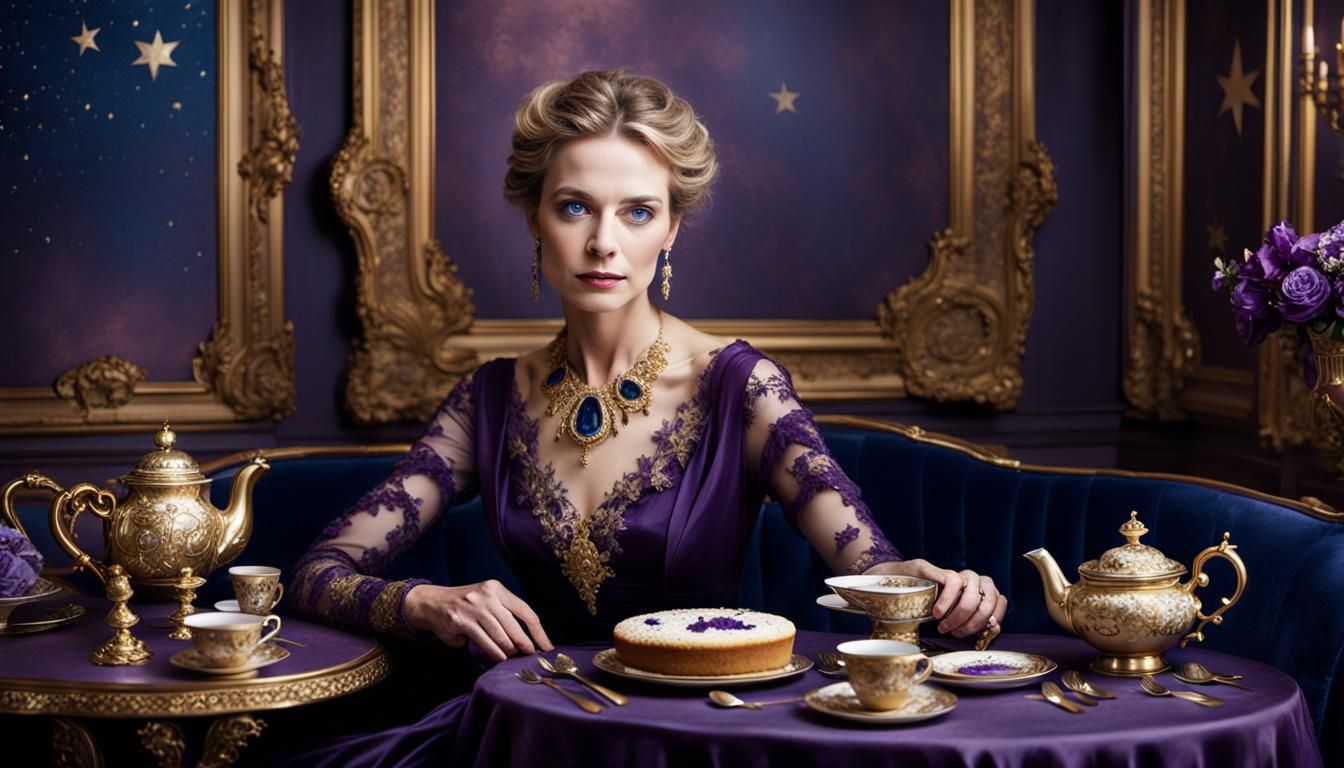 Elegant Young Woman in Lavender Gown Sits for Tea, Captured....
