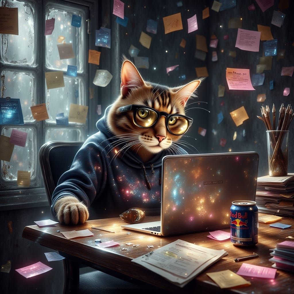 Gen Y Cat in Startup Office: Exquisite Digital Art