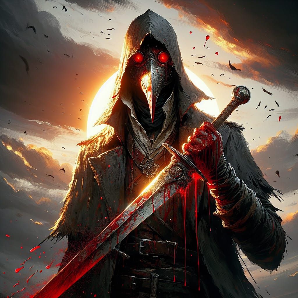 Heroic Antihero with Plague Mask in Oil Painting