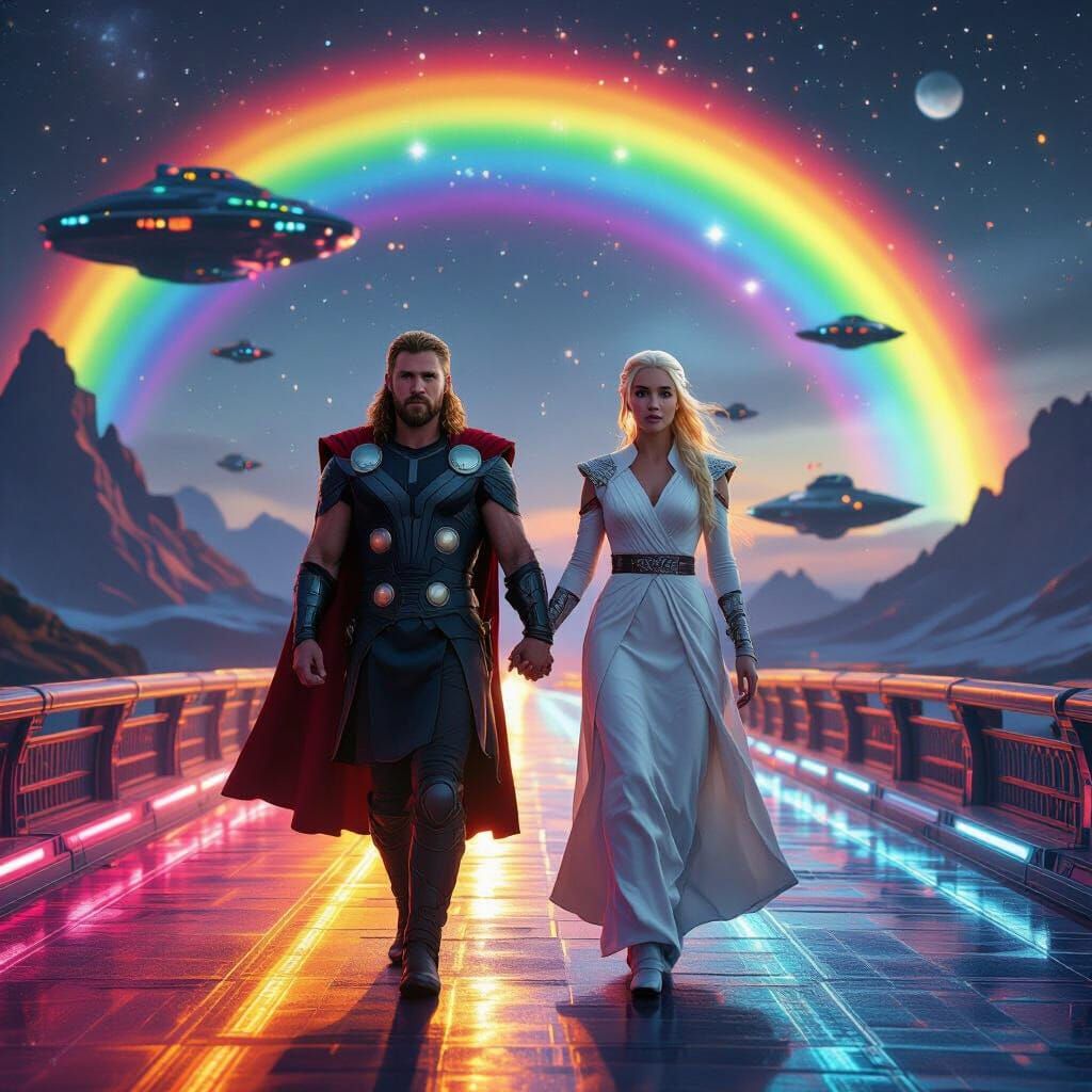 Thor and Daenerys on Bifrost Bridge in Space