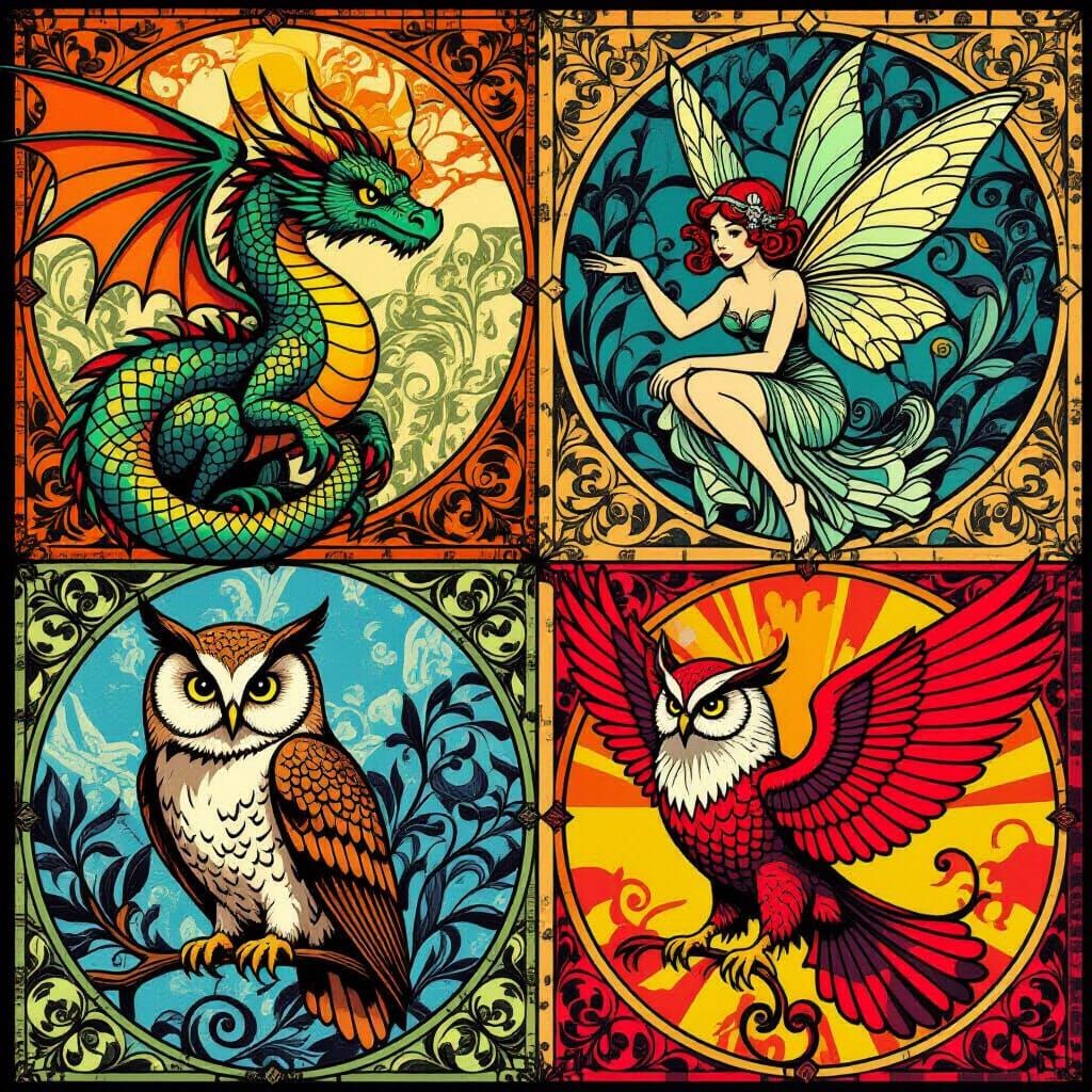 Fantasy Creatures Tattoo Flash Sheet in Avant-Garde Styles