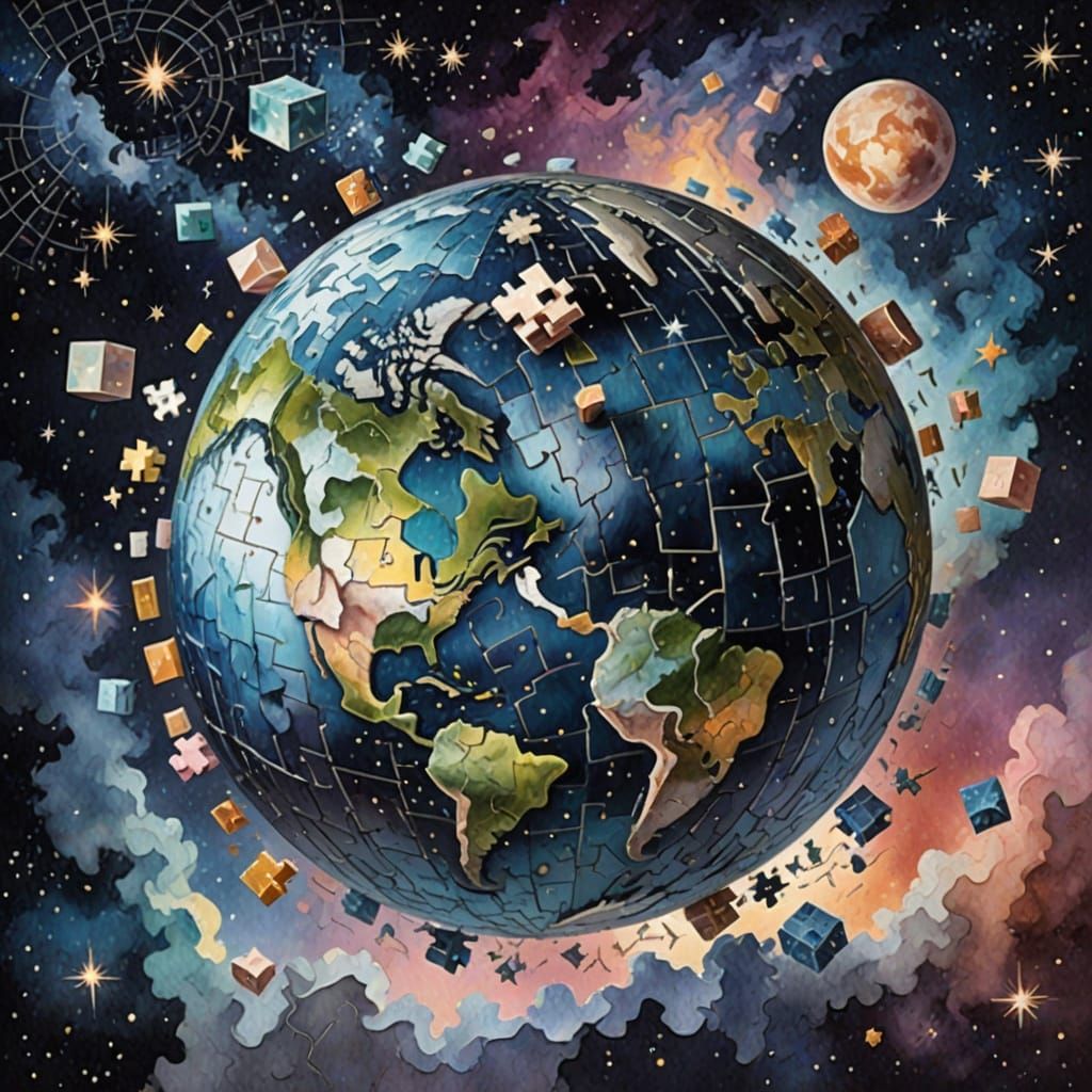 Earth Jigsaw Puzzle Cube in Dreamy Watercolor Style