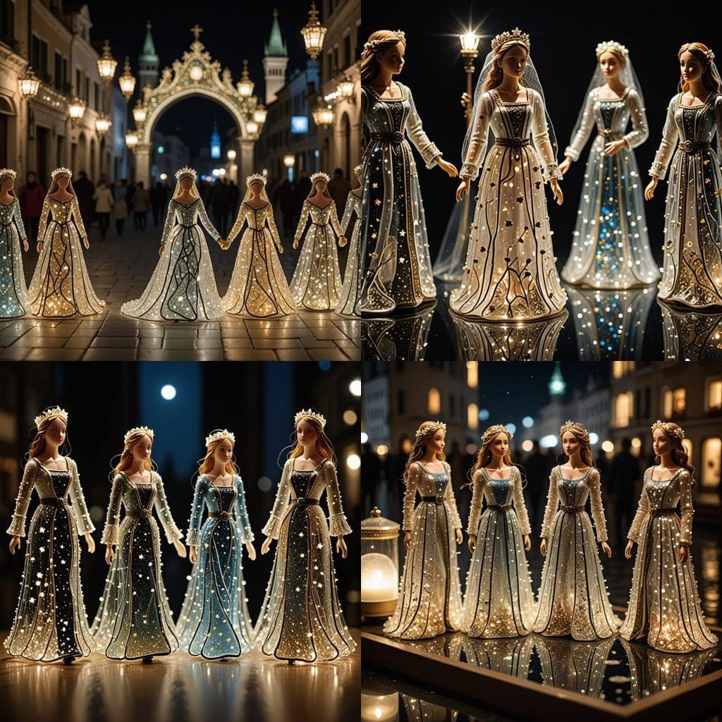 Models in Dresses Adorned with Venetian Miniatures and Glass...