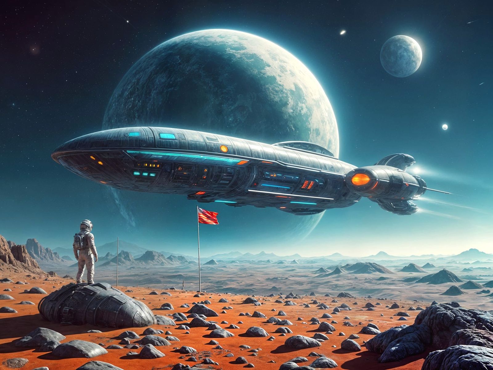 Astronaut Plants Flag on Alien Planet in Sci-Fi Digital Art