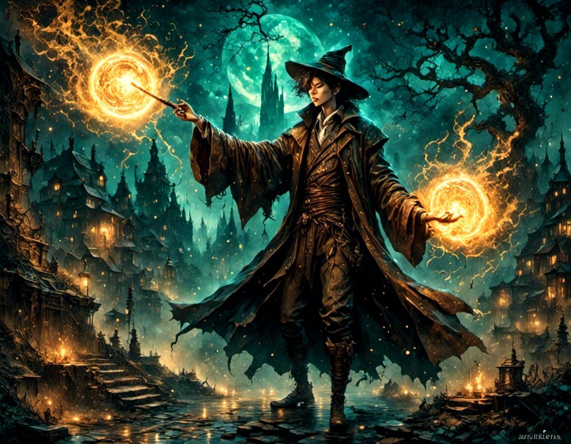 Powerful Mage Casting Spell in Cyberpunk Style