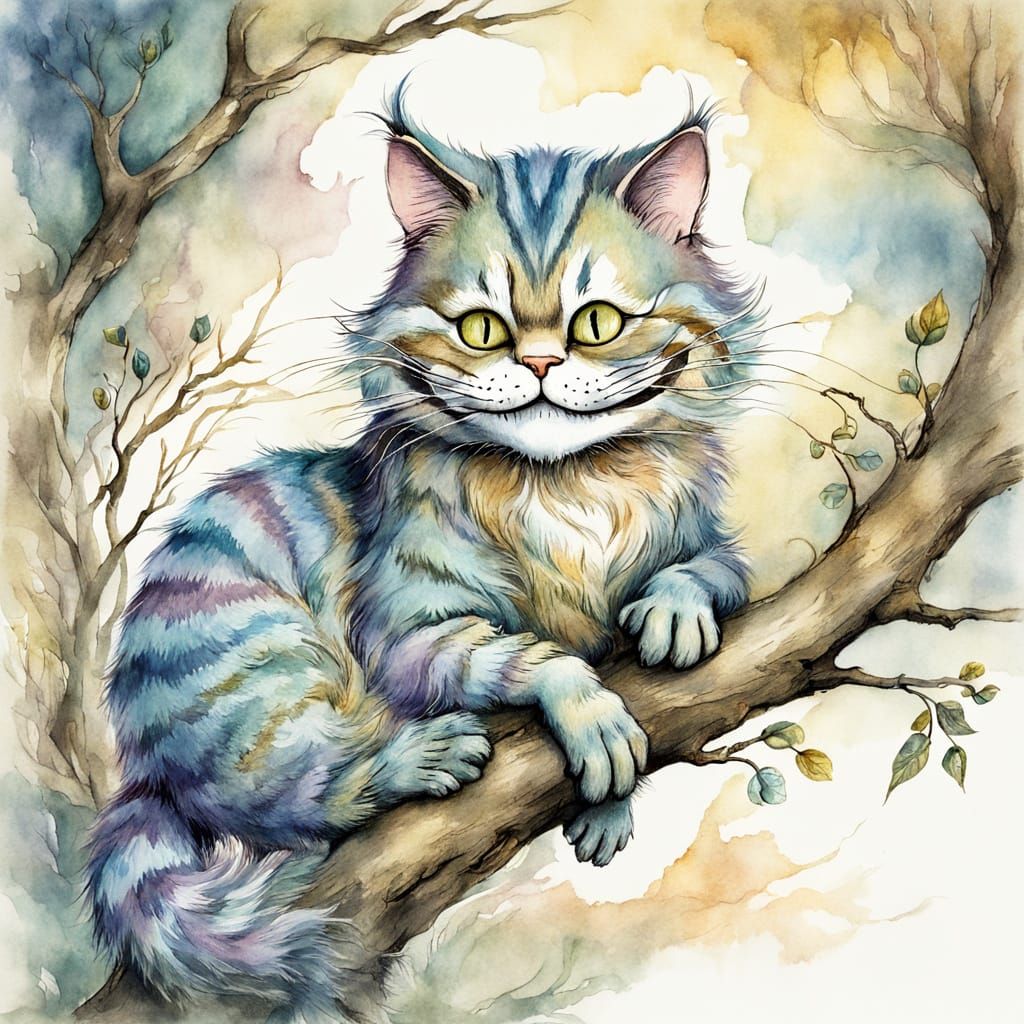 Cheshire Cat Fading in Watercolor Fantasy