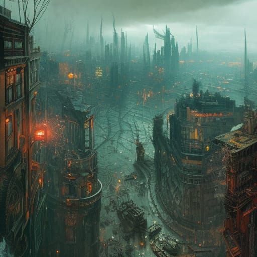 Apocalyptic Cityscape with Paint Splatter Art