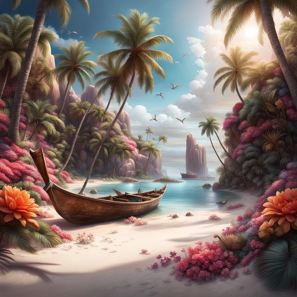 Colorful Tropical Oasis with White Sand Beach