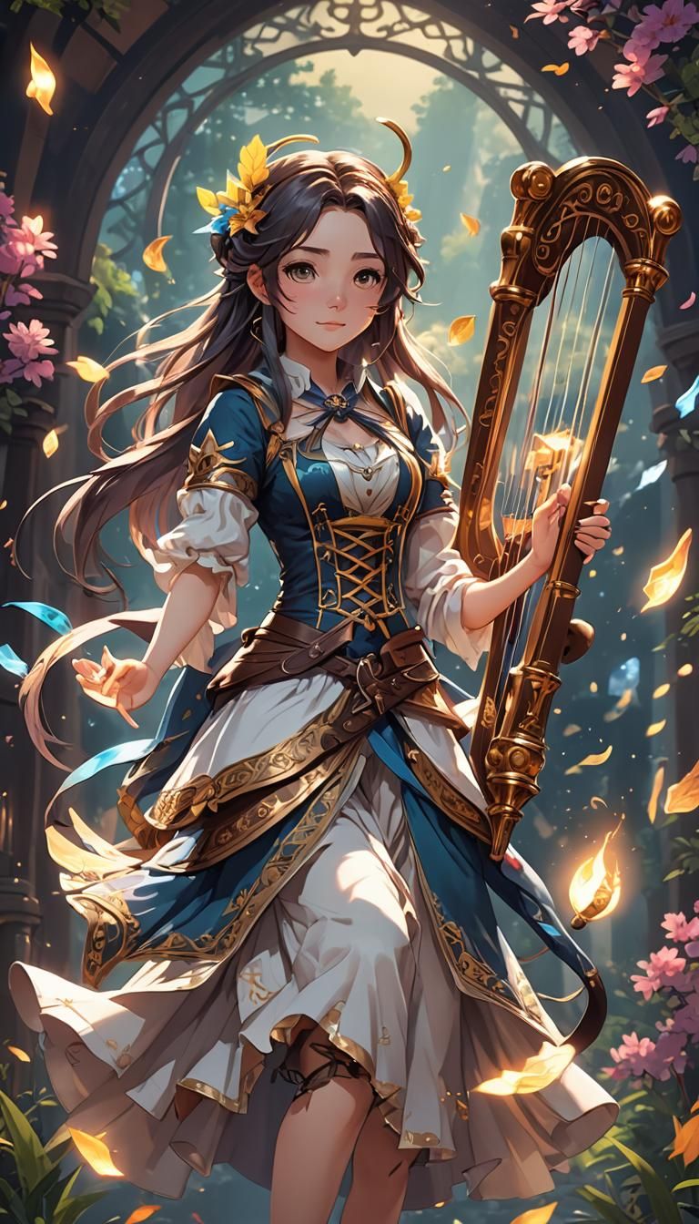Anime Girl Fantasy Bard with Magic Harp
